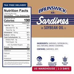 Brunswick Wild Caught Sardines in Soybean Oil, 3.75 oz Can (Pack of 12) – 14g Pr