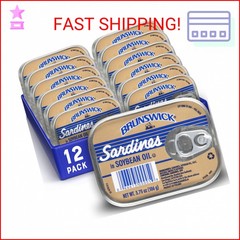 Brunswick Wild Caught Sardines in Soybean Oil, 3.75 oz Can (Pack of 12) – 14g Pr