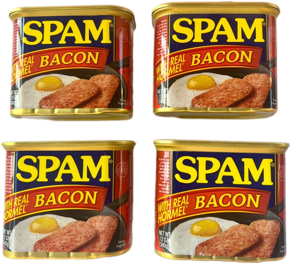 4 CANS SPAM BACON,12oz EACH,FULLY COOKED,READY TO EAT