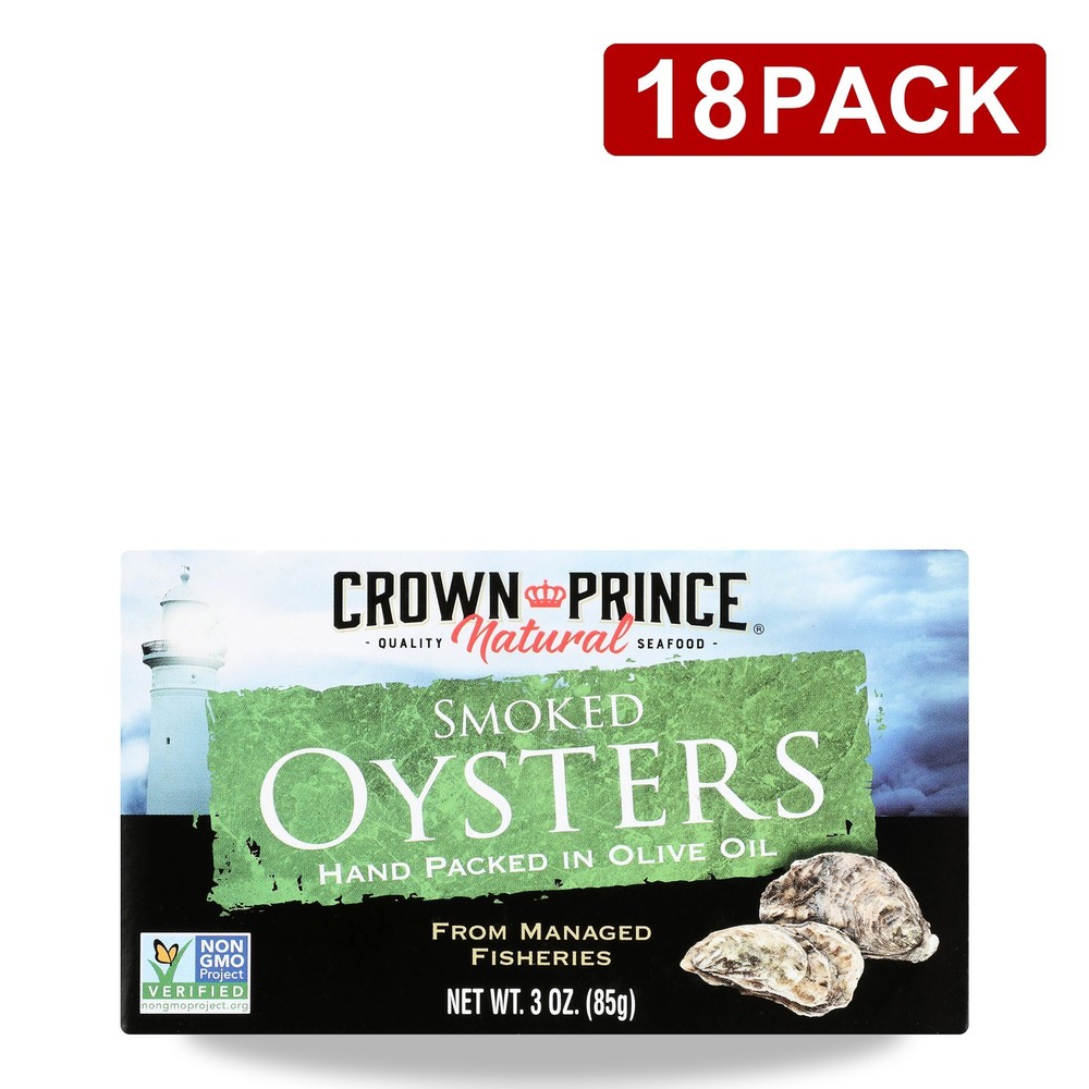 Crown Prince Smoked Oysters Hand Packed In Olive Oil 3 Oz 18 Pack