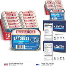 Bumble Bee Sardines in Water, 3.75 oz Tin (Pack of 12) – Wild Caught, Gluten …