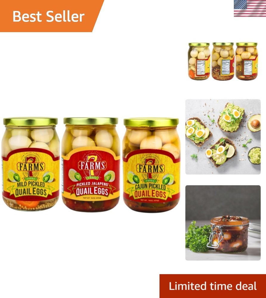 Pickled Quail Egg Variety 3 Pack – Mild, Jalapeno, and Cajun Flavors – 16 Oun…