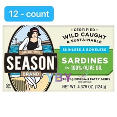 Season Skinless & Boneless Sardines in Olive Oil, 12-count, Total 52.5 oz