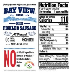 Bay View Smoked Pickled Polish Sausage, 9g of Protein, Mild, 8oz | No MSG, Glute