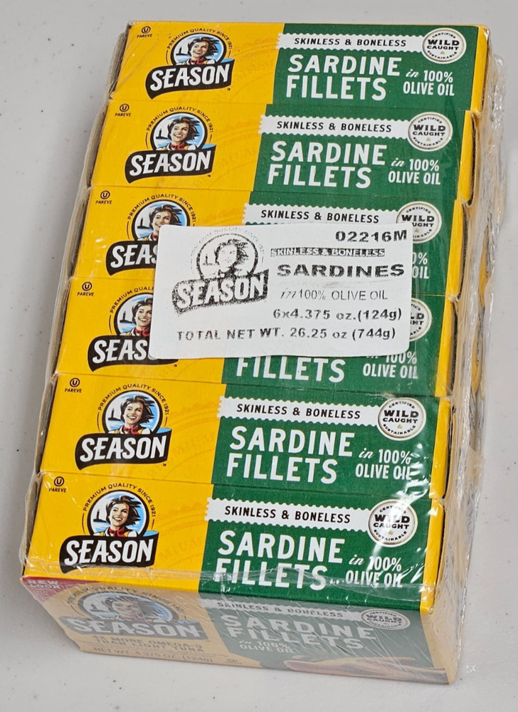 6 SARDINES IN 100% OLIVE OIL SEASON BRAND SKINLESS & BONELESS EXP 08/2029 Kosher