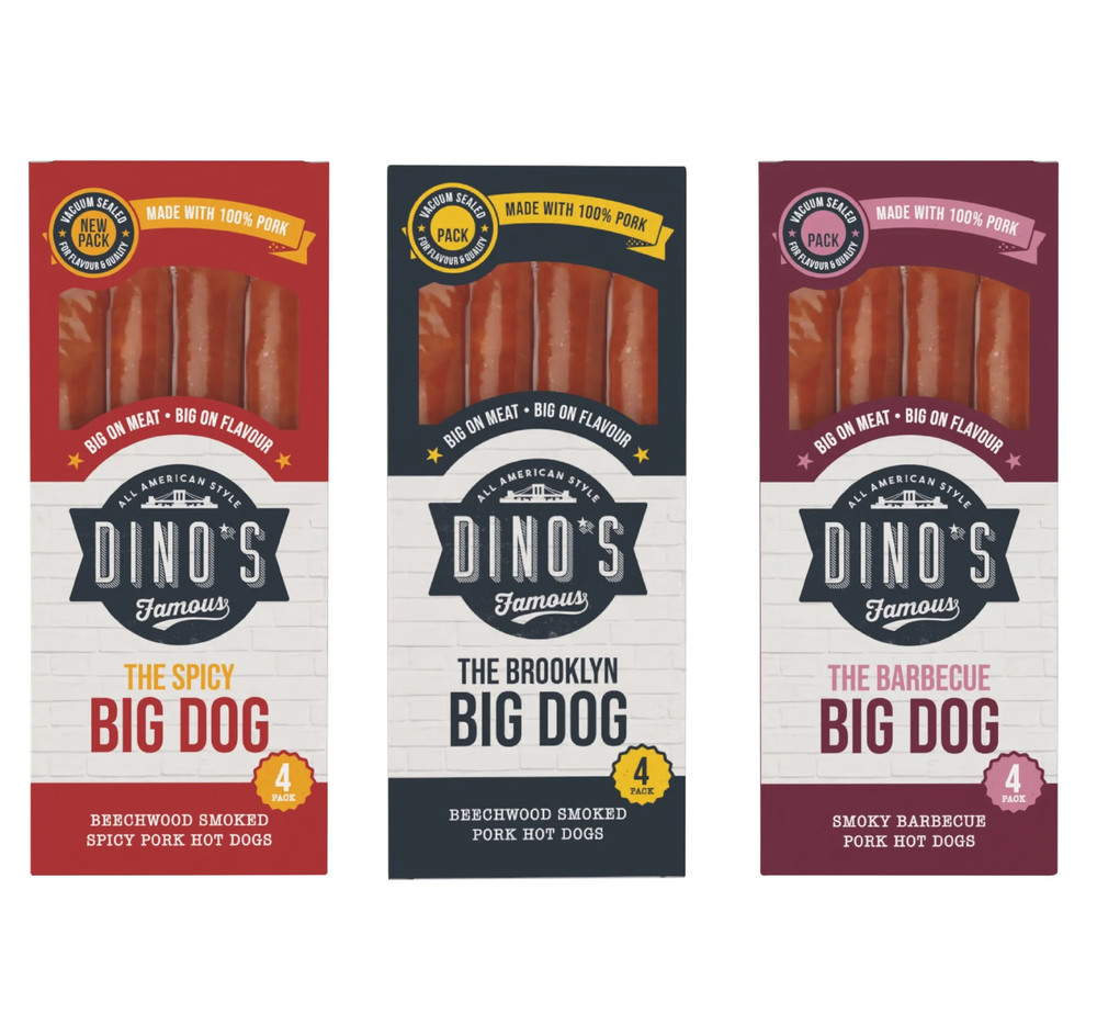 Dino’s FamousBig Dog Smoked Pork Hot Dogs Brooklyn Spicy Barbecue 360g PACK OF 3