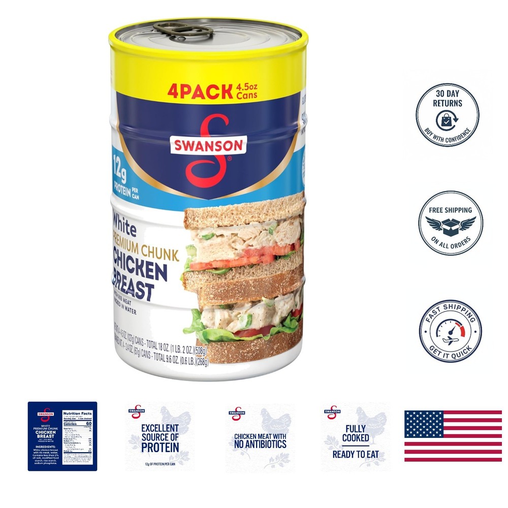 Swanson Chunk Chicken Breast in Water – Gluten-Free, 4.5 oz (Pack of 4)
