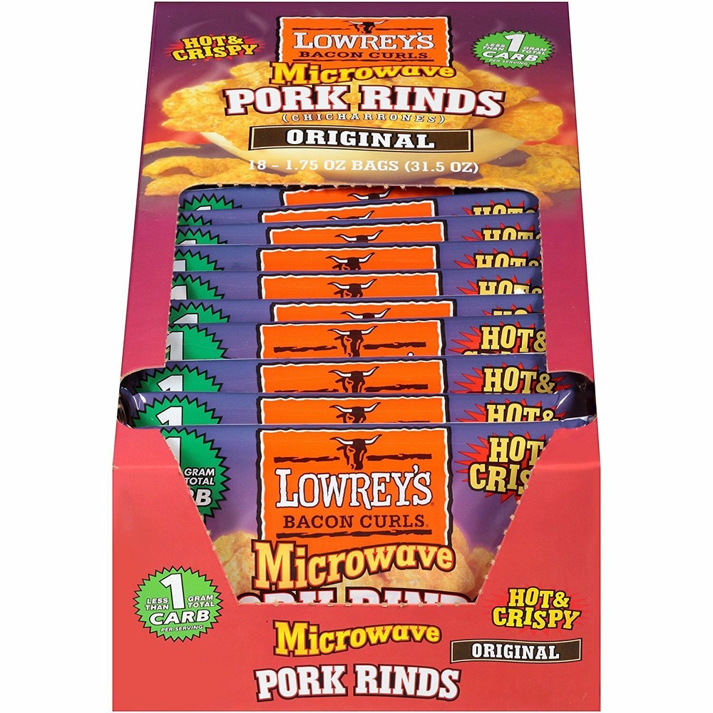 Lowrey’s Bacon Curls Microwave Pork Rinds (Chicharrones), 1.75 Oz Pack of 18