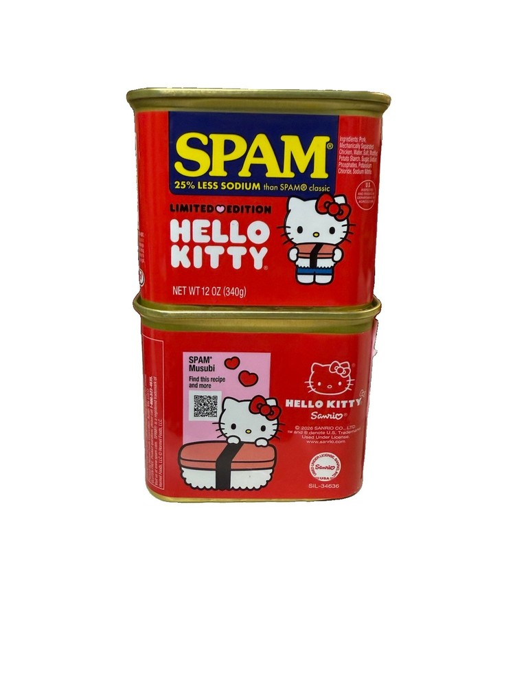 2 Cans of SPAM 25% Less Sodium Limited Edition Hello Kitty 12 oz Cans
