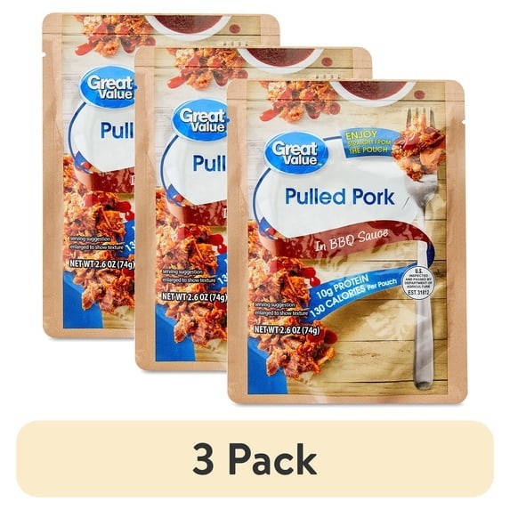 Great Value Pulled Pork in BBQ Sauce Ready To Eat 2.6 Oz Pouch 3 Pack