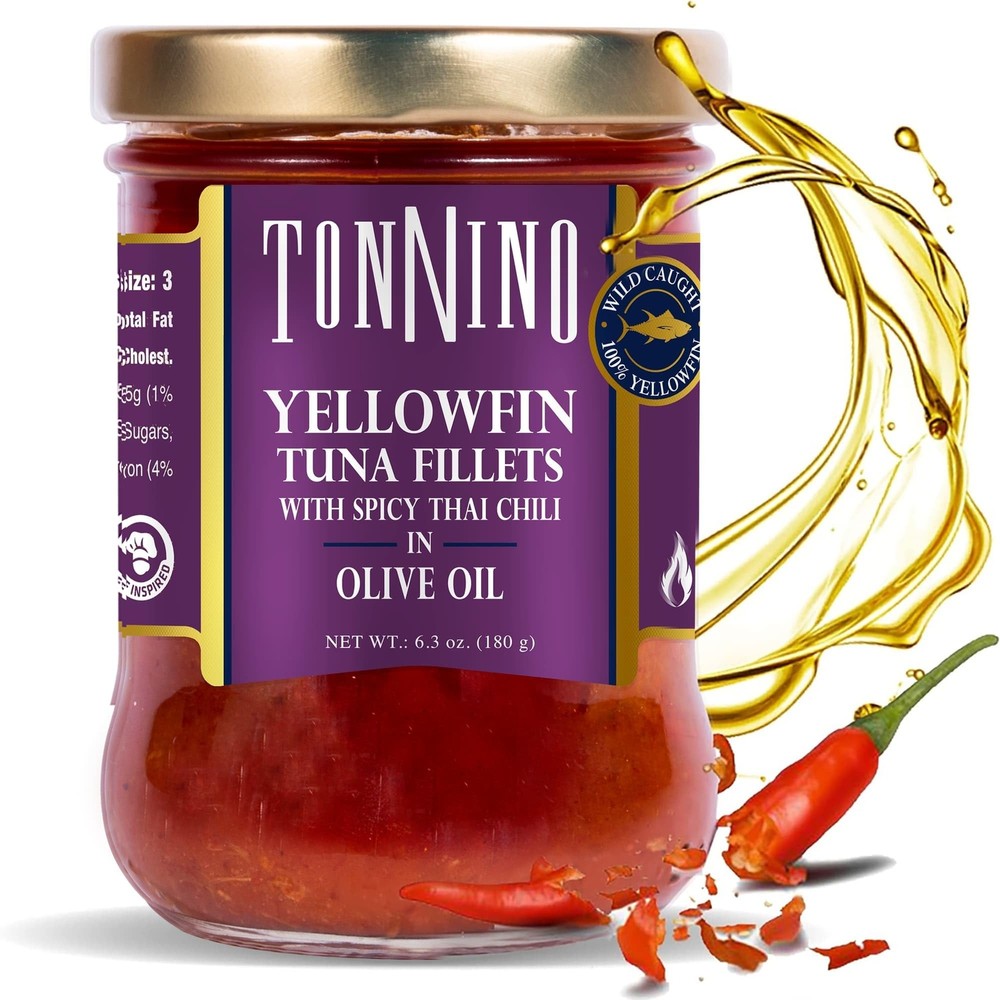 Tonnino Yellowfin Tuna in Olive Oil with Spicy Thai Chili 6.3oz – 6-Pack Omeg…