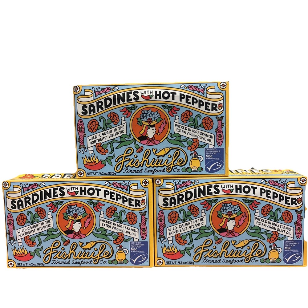 3-PACK Fishwife Sardines with Hot Pepper 4.2oz each BB 08/2030
