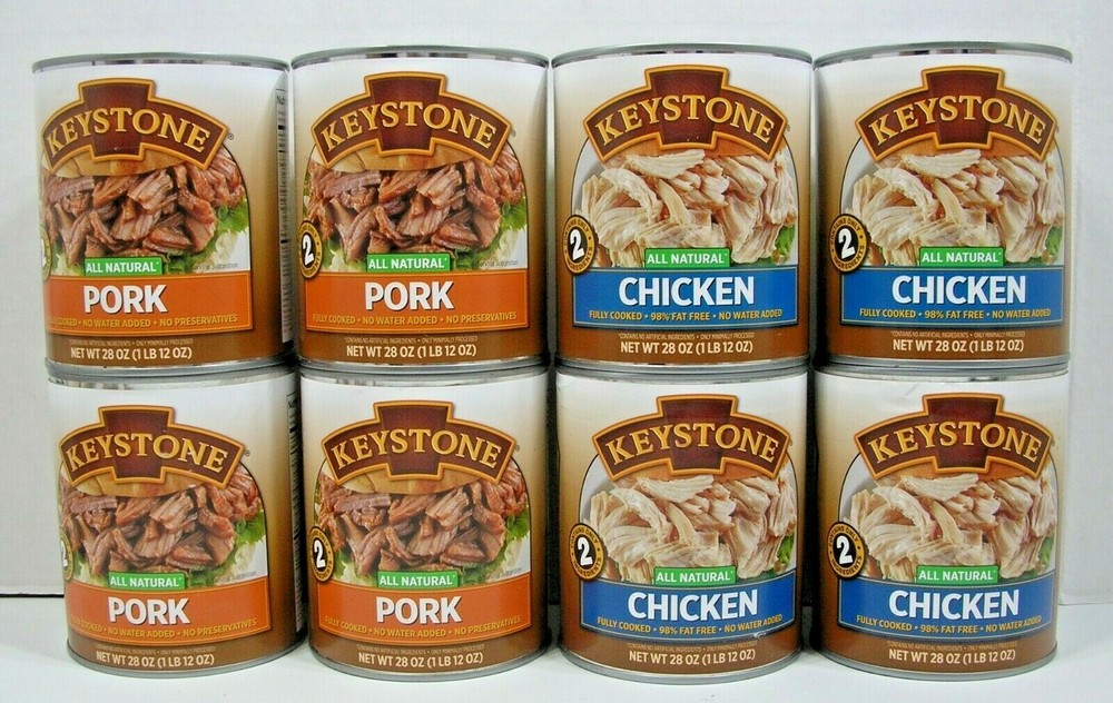 (8 Cans – 4 of each) Keystone Pork & Chicken ALL NATURAL – NO PRESERVATIVES 28oz