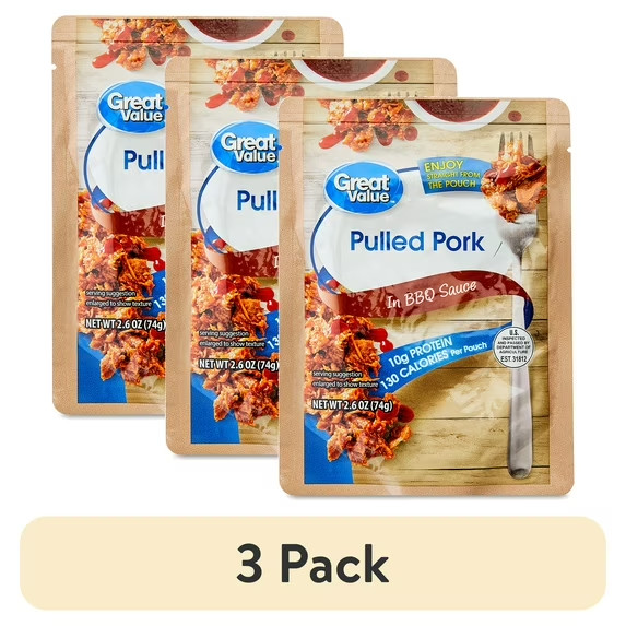 (3 pack) Great Value Pulled Pork, in BBQ Sauce, 2.6 oz Pouch