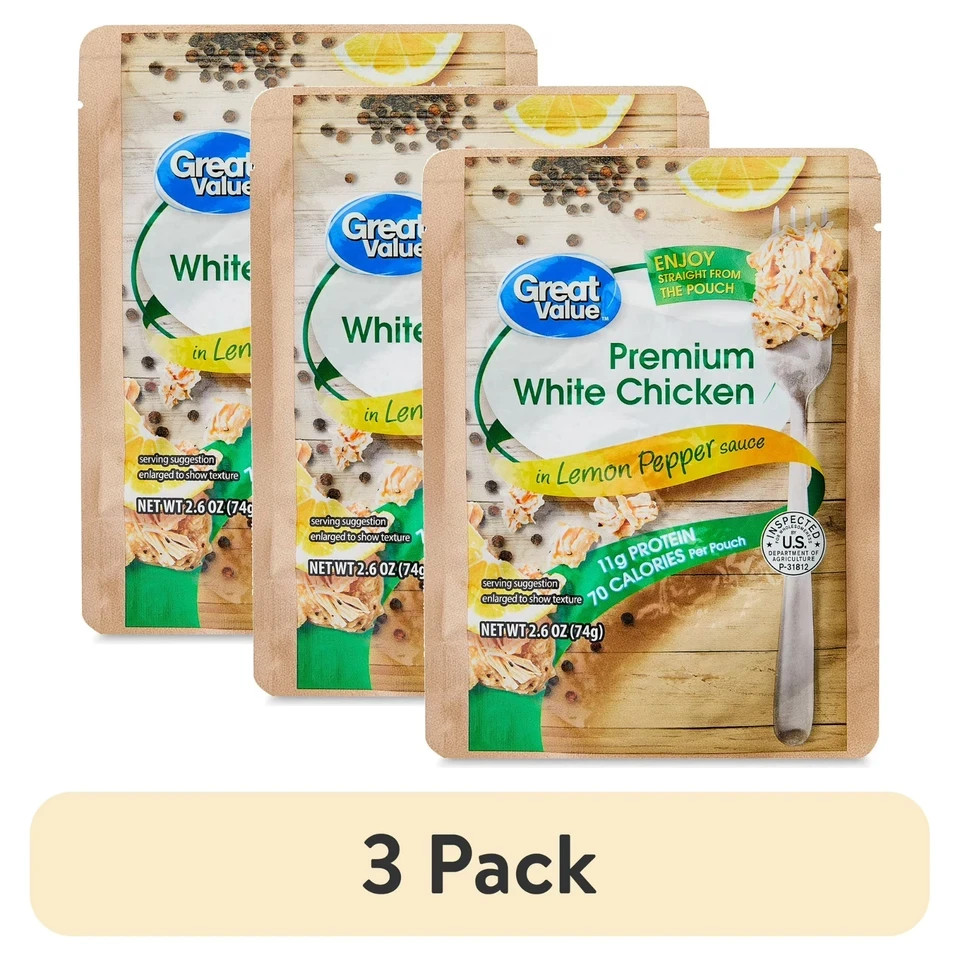 3 Pack Great Value White Chicken Lemon Pepper Sauce 2.6 oz Pouch Ready To Eat