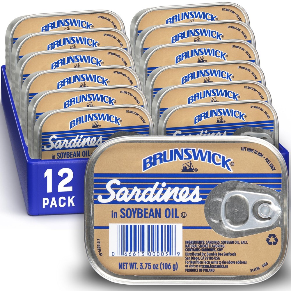 Brunswick Wild Caught Sardines in Soybean Oil, 3.75 oz Can (Pack of 12) – 14g Pr
