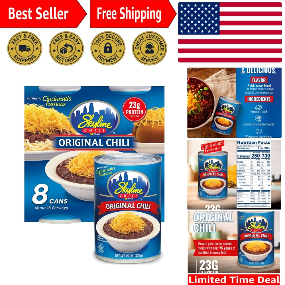 Classic 15oz Cincinnati Chili – No Beans, Hearty Flavor, Family-Size 8 Can Pack