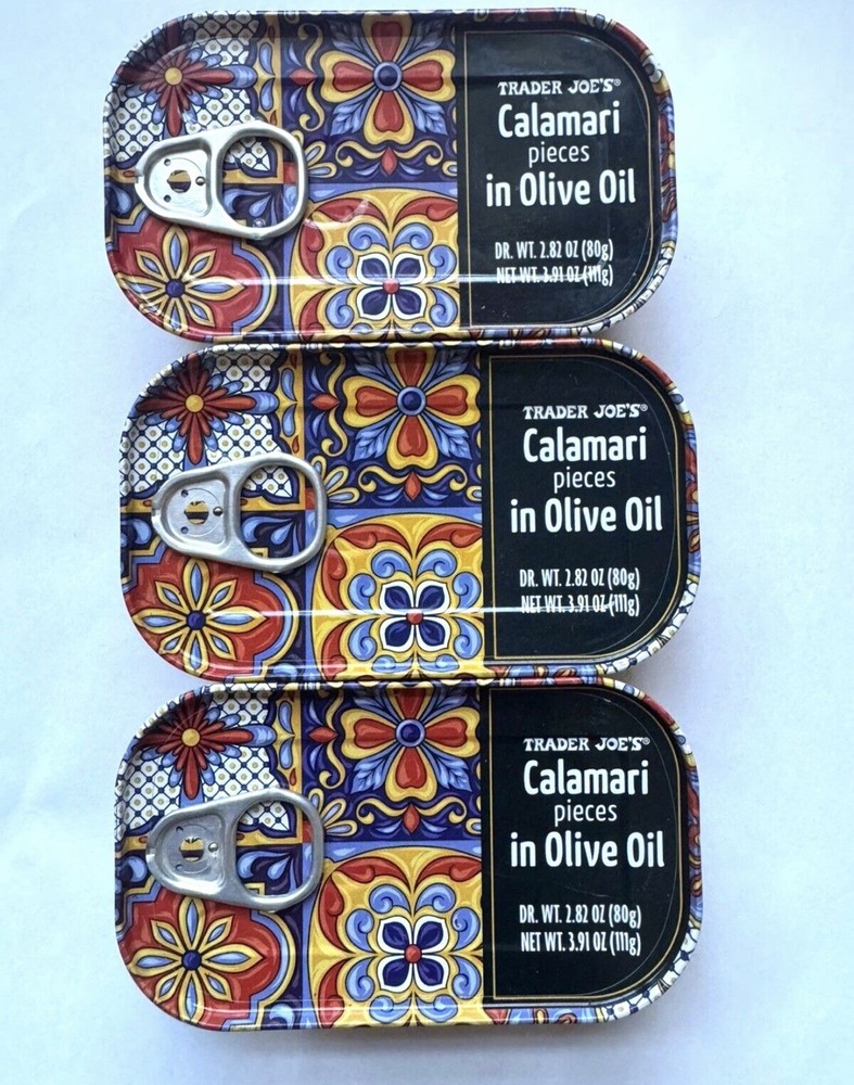 3 X Trader Joe’s Calamari Pieces In Olive Oil 3.91 oz X 3 Cans Giant Squid