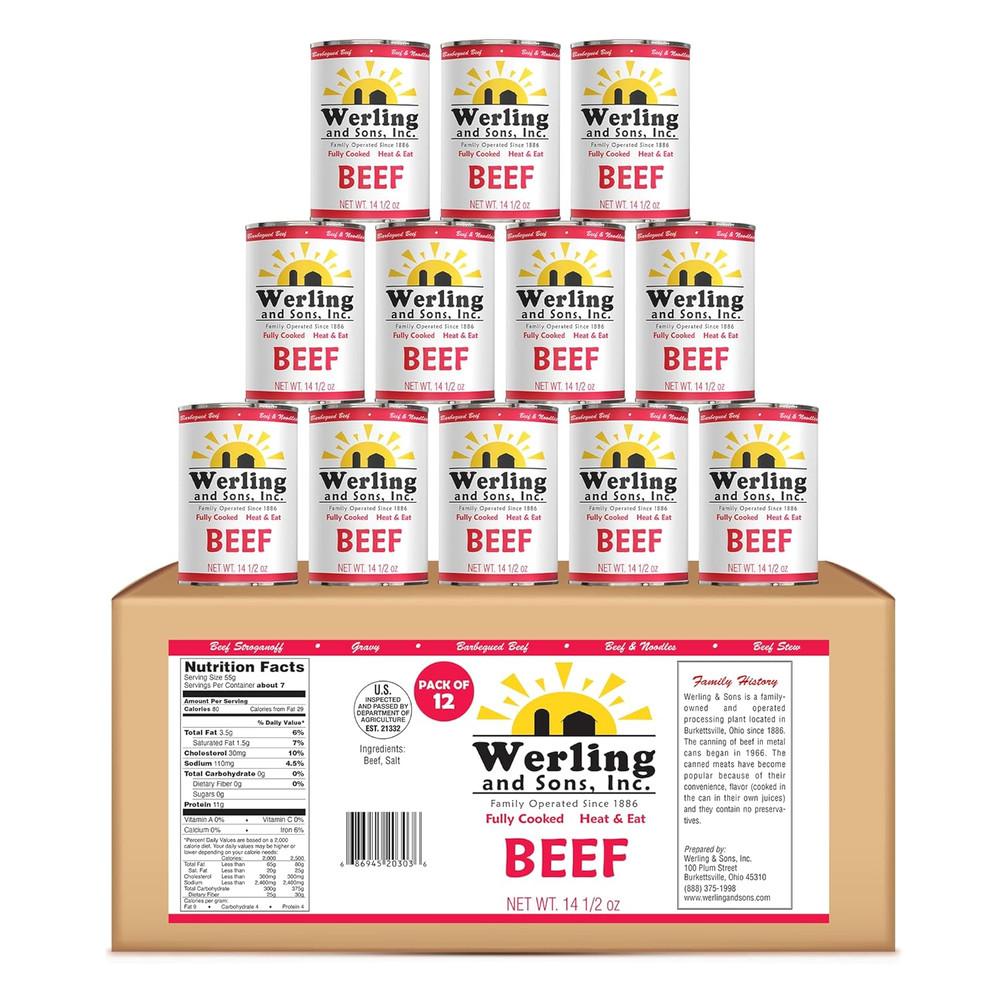 Werling Meat Canned Beef 14.5 Oz – Fully Cooked, Heat & Eat | Shelf Stable Canne