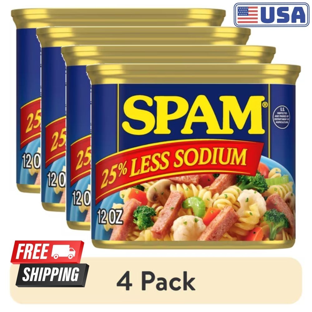 (4 pack) SPAM 25% Less Sodium, Canned Meats, 7 g Protein, Shelf-Stable, 12 oz