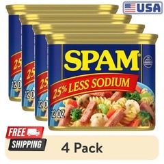 (4 pack) SPAM 25% Less Sodium, Canned Meats, 7 g Protein, Shelf-Stable, 12 oz