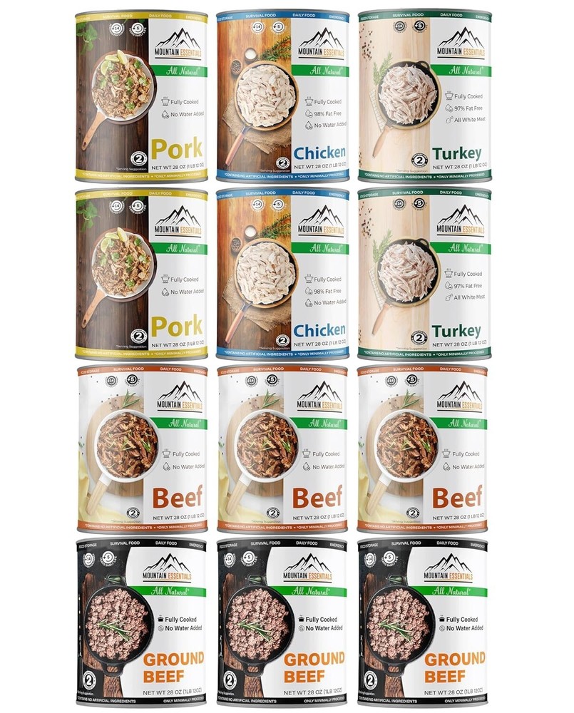 12 Cans- MOUNTAIN ESSENTIALS All Natural Fully Cooked Variety Pack Meat 28oz Can