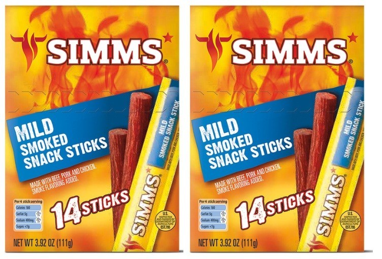 Simms Mild Smoked Snack Meat Sticks Individually Wrapped 14 Count (2 Boxes)