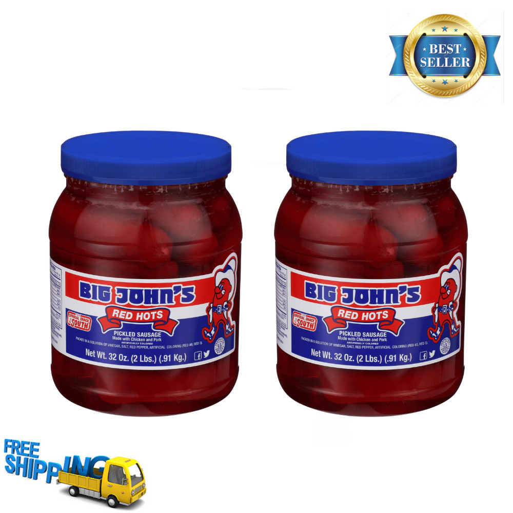 2 Pack Big John’s Pickled Sausage Red Hots, Ready To Eat, 32oz Jar, Snacks Food