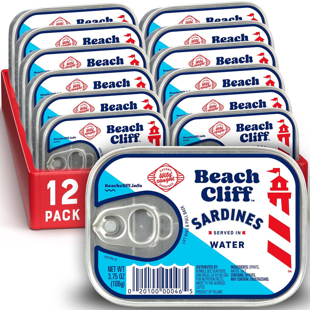 Beach Cliff Sardines in Water, 3.75 Oz Can (Pack of 12) – Wild Caught Sardines –