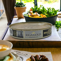 Riga Gold Smoked Brisling Sardines in Olive Oil 4.23 Clear Top Ounces (120G) (Pa