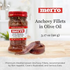 Merro Anchovy Fillets in Olive Oil 3.1 oz Glass Jar Hand Packed in Sicily