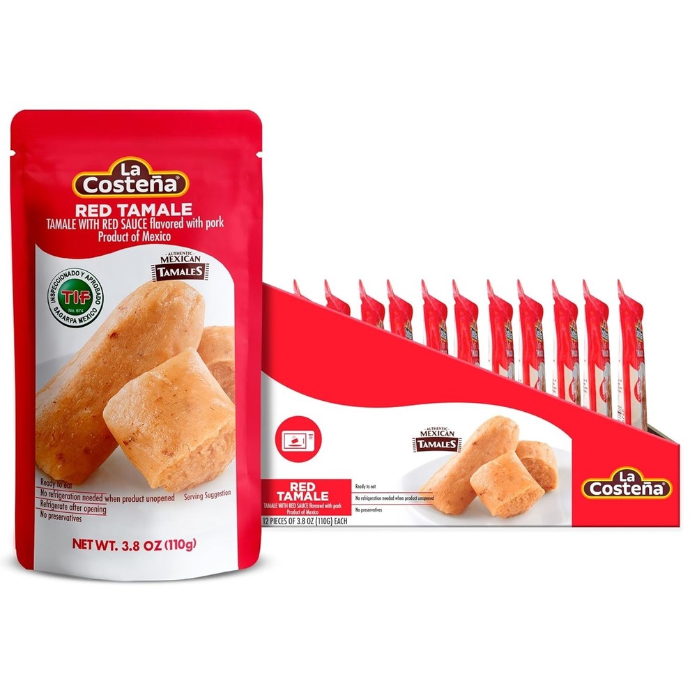 La Costeña Red Tamales – Made with Pork, Red Sauce & Masa Corn Meal – 12 Pack
