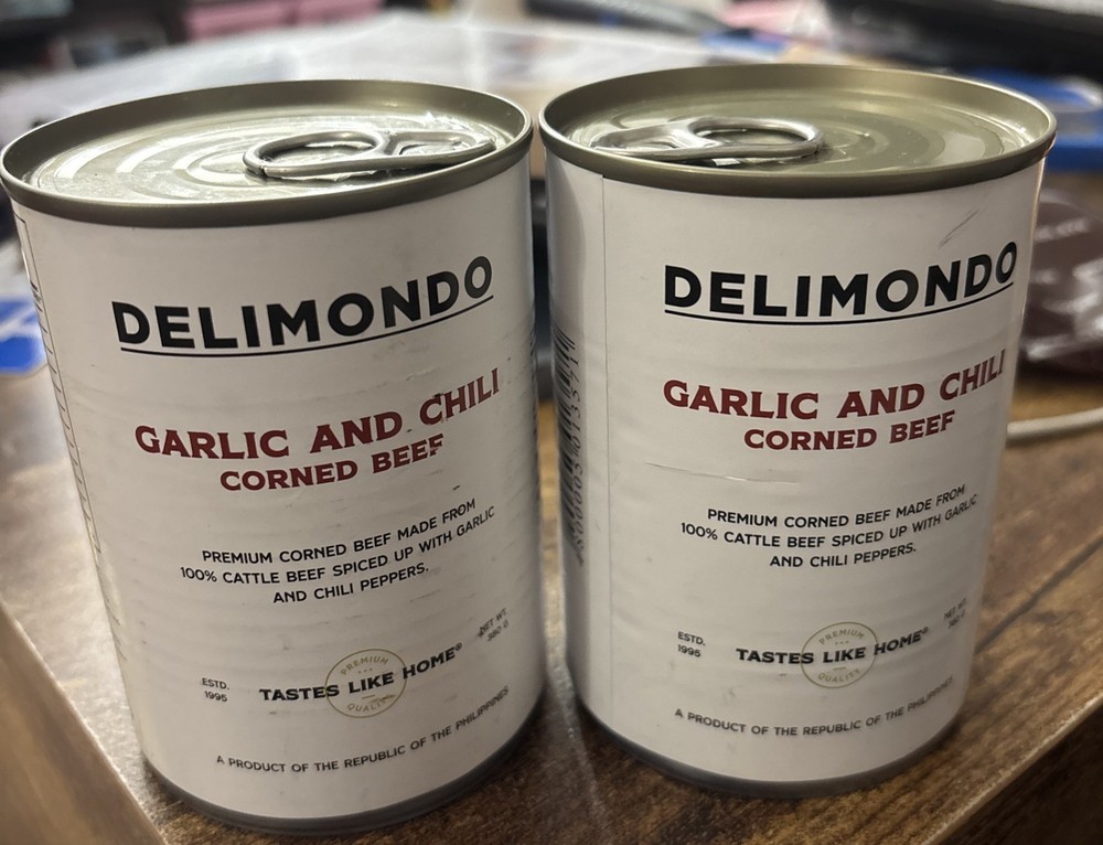 TWO CANS of Delimondo Corned Beef Garlic & Chili 380G