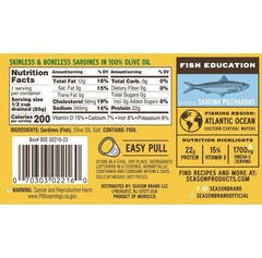 Season Sardines Skinless Boneless in 100% Olive Oil, Pack of 6, Wild-Caught,