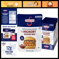 Fully Cooked Hickory Smoked BBQ Chicken Chunks, 2.6 oz Pouch, 12 Pack