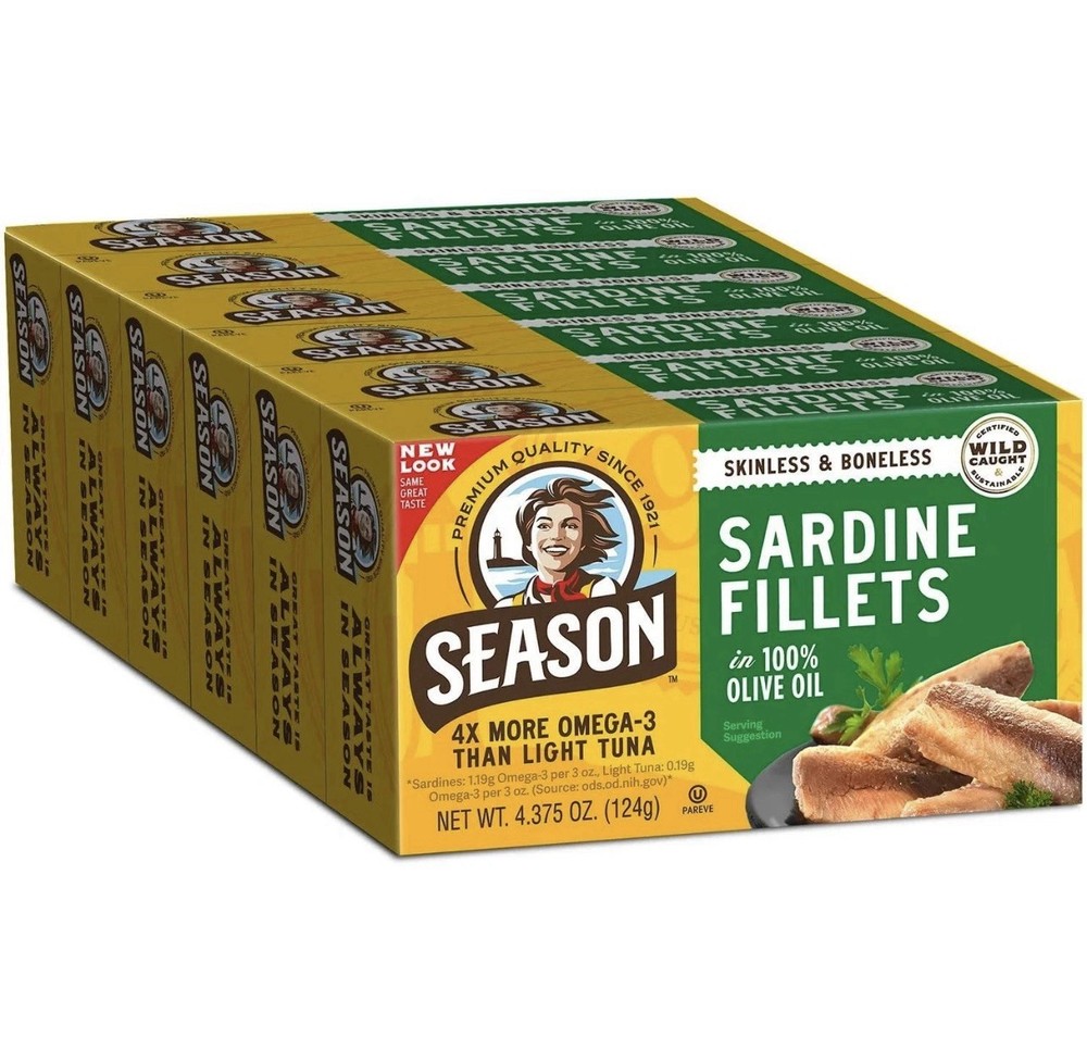 Season Sardines Skinless Boneless in 100% Olive Oil, Pack of 6, Wild-Caught,