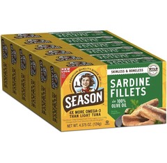 Season Sardines Skinless Boneless in 100% Olive Oil, Pack of 6, Wild-Caught,