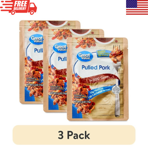 Great Value Pulled Pork in BBQ Sauce Ready To Eat 2.6 Oz Pouch 3 Pack