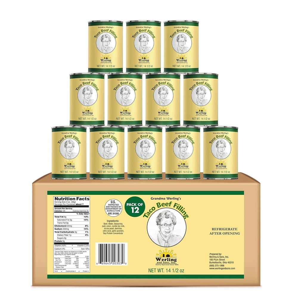 12 Can-Werling & Sons Taco Beef Filling 14.5Oz Fully Cooked Heat & Serve Premium