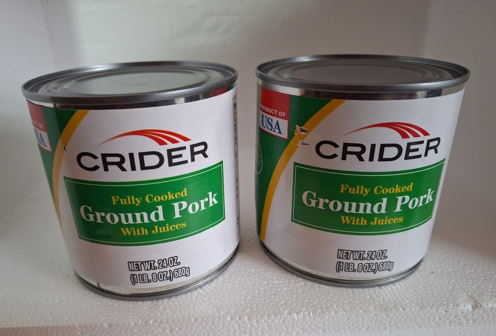 Lot of (2) Crider Fully Cooked Ground Pork Canned 24oz Exp. 2028