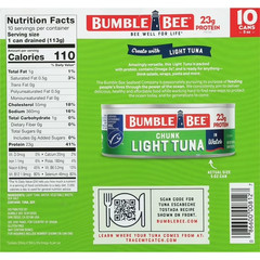 Pack of 10,Bumble Bee Chunk Light Tuna in Water, 5 oz cans.
