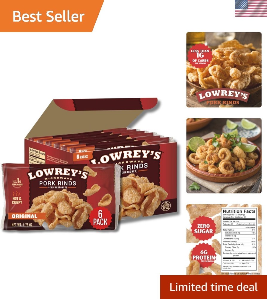 Lowrey’s Bacon Curls – Microwave Pork Rinds, , Pack of 6 | Keto Snack