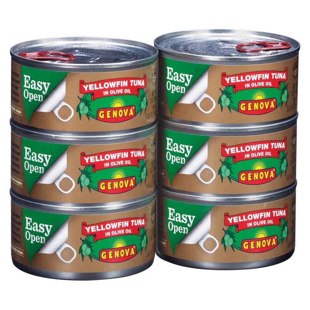 6 x Genova Yellowfin Tuna in Olive Oil 7 oz Pull-Tab Tin Can Fish Fillet Fresh..