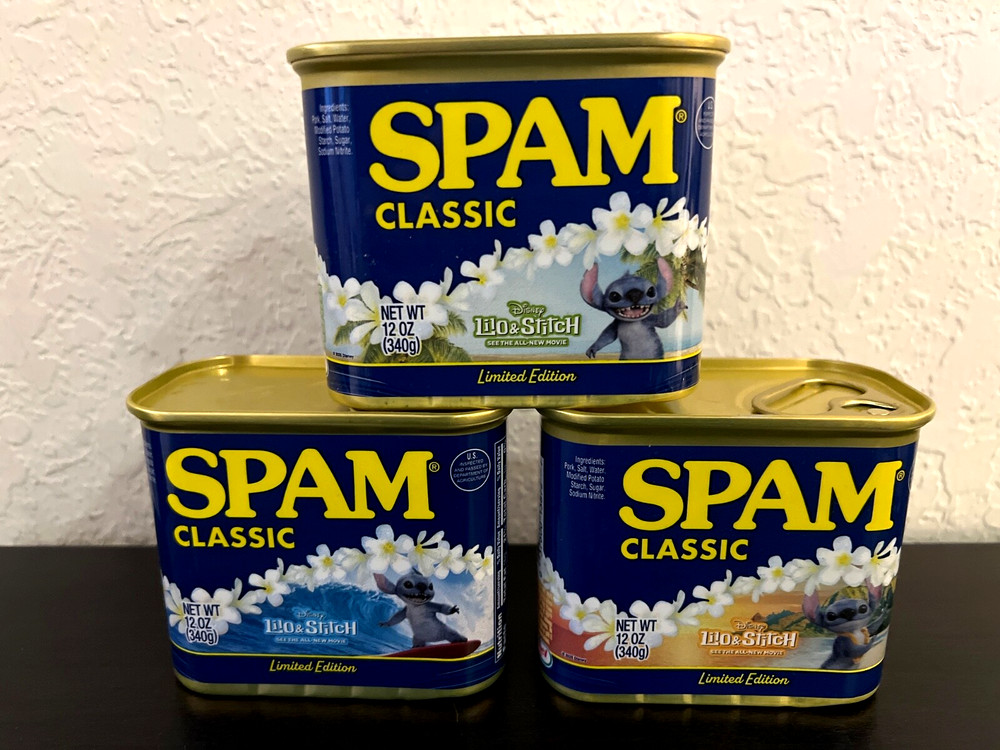 SPAM SET of 3 CANS Disney Lilo & STITCH Limited Edition Hula, Shaka & Surf NEW