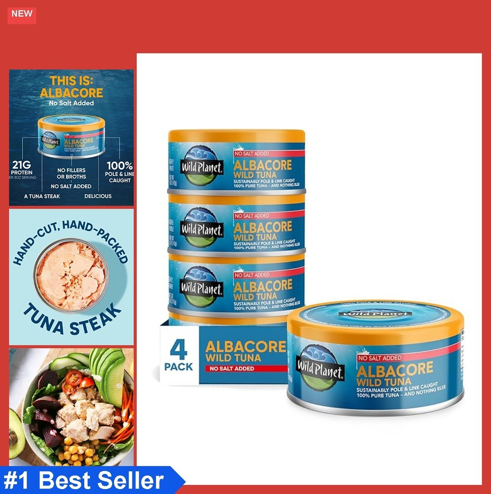 Canned Tuna Albacore Wild No Salt Added 5 oz Pack of 4 Pole Line Caught