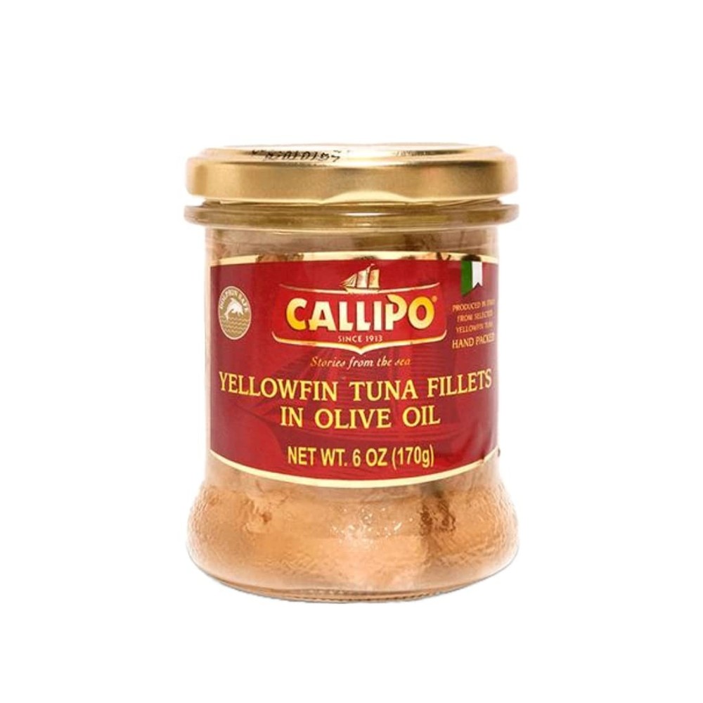 CALLIPO Solid Light Tuna in Olive Oil in a glass Jar – 6 oz 170 g Pack of 6