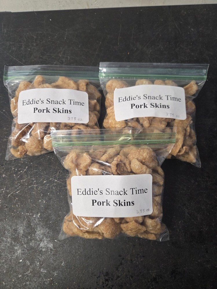 3 Packs of fried out pork fat with Attached skin 3.75oz Bags Each shipped fresh