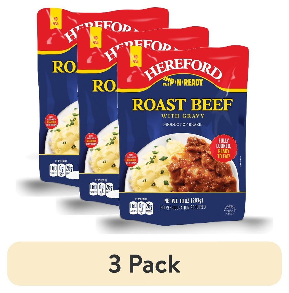 (3 pack) Fully Cooked Roast Beef with Gravy, Shelf Stable Pouch, 10 oz
