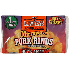 Lowrey’s Bacon Curls Microwave Pork Rinds (Chicharrones) Hot & Spicy, Pack of 18