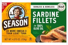 12x Season Wild Caught Sardines Boneless Skinless in 100% Pure Olive Oil 4.38oz